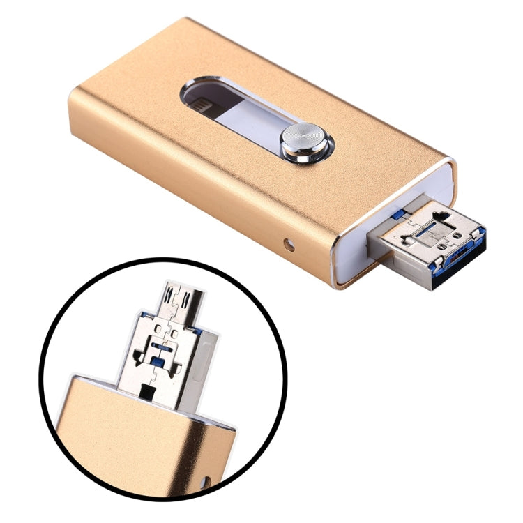 RQW-02 3 in 1 USB 2.0 & 8 Pin & Micro USB 64GB Flash Drive(Gold) - U Disk & Card Reader by PMC Jewellery | Online Shopping South Africa | PMC Jewellery | Buy Now Pay Later Mobicred