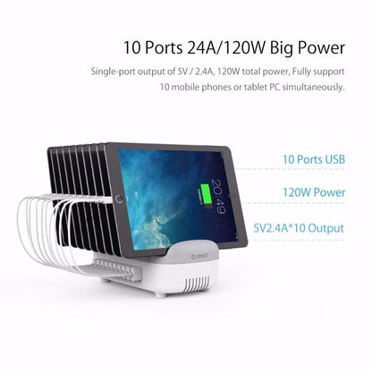 ORICO DUK-10P 120W 10 USB Ports Smart Charging Station with Phone & Tablet Stand, EU Plug(White) - Multifunction Charger by ORICO | Online Shopping South Africa | PMC Jewellery | Buy Now Pay Later Mobicred