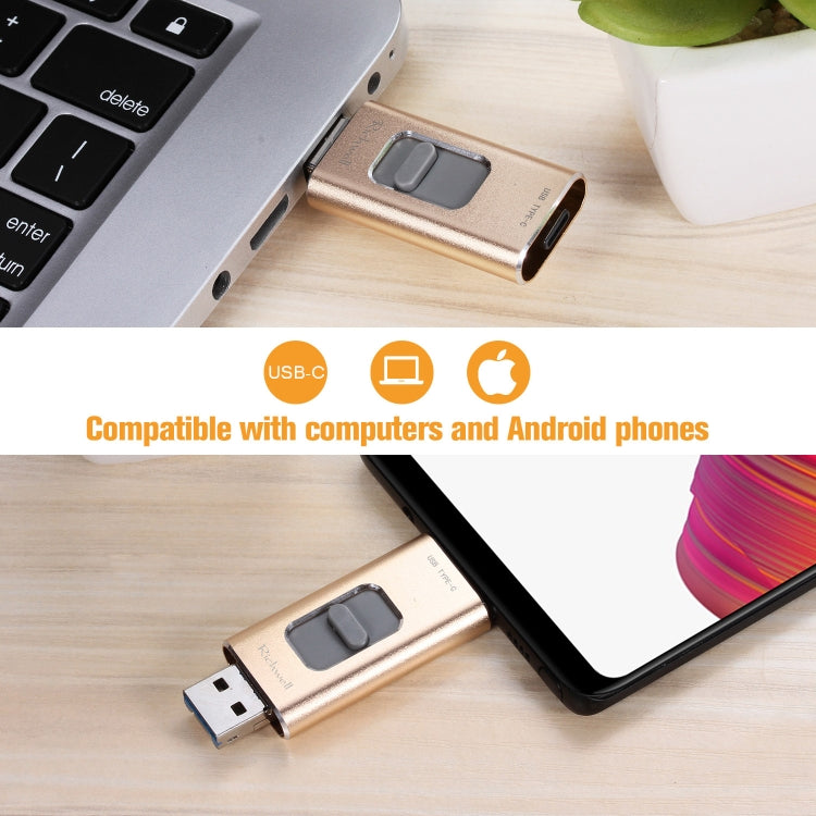 Richwell 3 in 1 32G Type-C + 8 Pin + USB 3.0 Metal Push-pull Flash Disk with OTG Function(Gold) - U Disk & Card Reader by Richwell | Online Shopping South Africa | PMC Jewellery | Buy Now Pay Later Mobicred