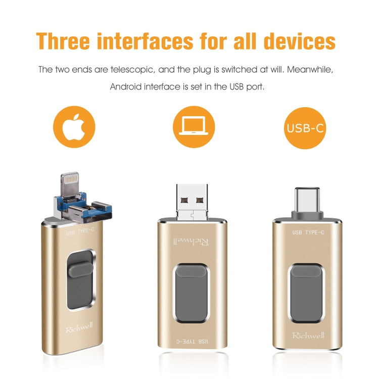 Richwell 3 in 1 64G Type-C + 8 Pin + USB 3.0 Metal Push-pull Flash Disk with OTG Function(Rose Gold) - free shipping - PMC Jewellery - Order now!