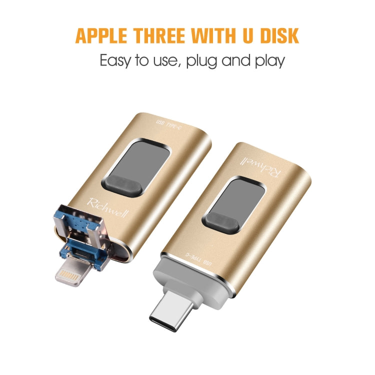 Richwell 3 in 1 64G Type-C + 8 Pin + USB 3.0 Metal Push-pull Flash Disk with OTG Function(Rose Gold) - free shipping - PMC Jewellery - Order now!