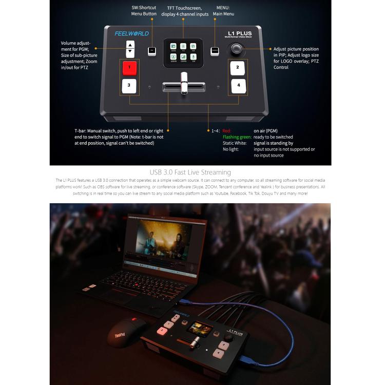 FEELWORLD L1 PLUS Multi-camera Video Mixer Switcher Touch Screen PTZ Control USB3.0 Fast Streaming Switcher (UK Plug) - Live Sound Effects Processors by FEELWORLD | Online Shopping South Africa | PMc TechLife | Buy Now Pay Later Mobicred