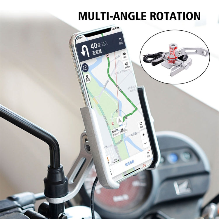CS-856D1 Motorcycle Rotatable Chargeable Aluminum Alloy Mobile Phone Holder, Mirror Holder Version(Silver) - Holder by PMC Jewellery | Online Shopping South Africa | PMC Jewellery | Buy Now Pay Later Mobicred