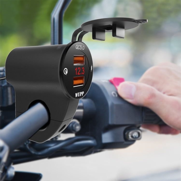 WUPP ZH-975B3 Motorcycle Aluminum Alloy Waterproof Mobile Phone Double QC3.0 Quick Charging Charger with Voltmeter(Black) - Battery Charger by WUPP | Online Shopping South Africa | PMC Jewellery | Buy Now Pay Later Mobicred