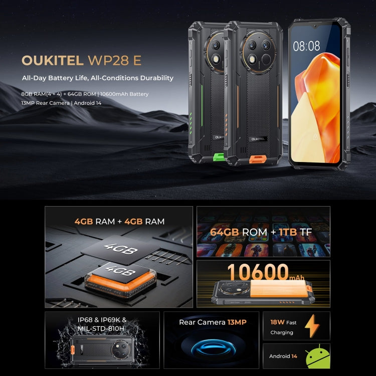 [HK Warehouse] Oukitel WP28 E IP68/IP69K Rugged Phone, 4GB+64GB, 6.52 inch Unisoc T606 Octa-core, NFC, OTG, Network: 4G (Orange) - Other by OUKITEL | Online Shopping South Africa | PMC Jewellery | Buy Now Pay Later Mobicred