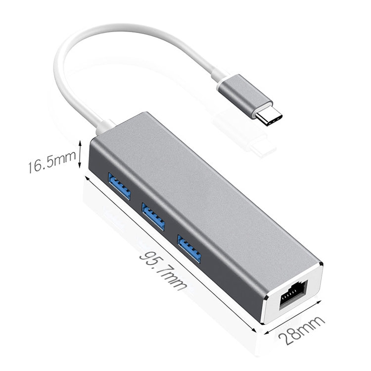 USB-C / Type-C to Gigabit Ethernet RJ45 & 3 x USB 3.0 Adapter Converter HUB, Computer External Tablet Phone Universal(Grey) - USB HUB by PMC Jewellery | Online Shopping South Africa | PMC Jewellery | Buy Now Pay Later Mobicred