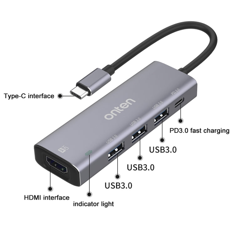 Onten OT-95123 5 in 1 Multifunctional Type-C + USB + HDMI Docking Station, Cable Length: 145mm(Silver) - free shipping - PMC Jewellery - Order now!