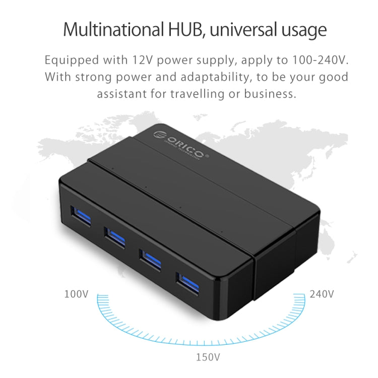 ORICO H4928-U3 ABS High Speed 4 Ports USB 3.0 HUB with 12V Power Adapter for Smartphones / Tablets(Black) - USB 3.0 HUB by ORICO | Online Shopping South Africa | PMC Jewellery | Buy Now Pay Later Mobicred