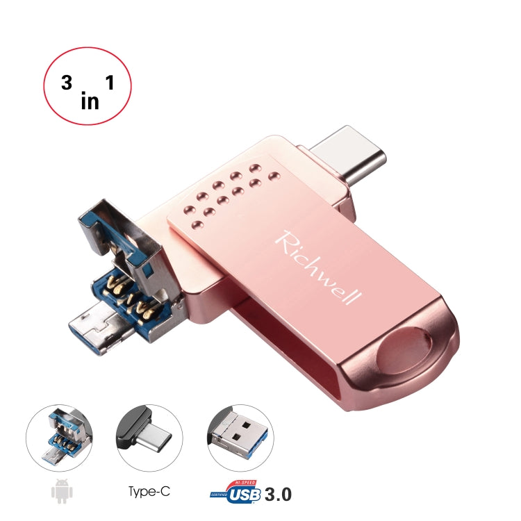 Richwell 3 in 1 128G Type-C + Micro USB + USB 3.0 Metal Flash Disk with OTG Function(Rose Gold) - free shipping - PMC Jewellery - Order now!