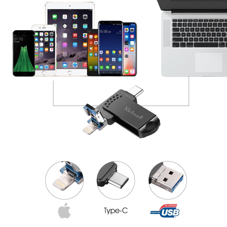 Richwell 32G Type-C + 8 Pin + USB 3.0 Metal Flash Disk with OTG Function(Silver) - free shipping - PMC Jewellery - Order now!