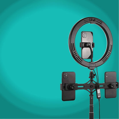 PULUZ 10.2 inch 26cm RGBW Light + 1.65m Tripod Mount + Dual Phone Bracket Curved Surface USB RGBW Dimmable LED Ring Selfie Beauty Vlogging Video Light Live Broadcast Kits with Cold Shoe Tripod Ball Head & Phone Clamp & Remote Control(Black) - Ring Light by PULUZ | Online Shopping South Africa | PMC Jewellery | Buy Now Pay Later Mobicred