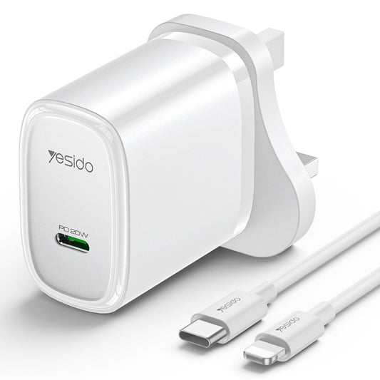 Yesido YC76L PD 20W USB-C / Type-C Port Quick Charger with Type-C to 8 Pin Cable, UK Plug (White) - USB Charger by Yesido | Online Shopping South Africa | PMC Jewellery | Buy Now Pay Later Mobicred