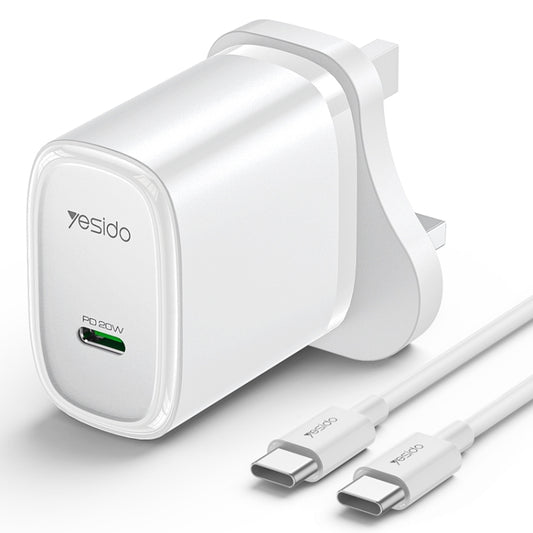 Yesido YC76C PD 20W USB-C / Type-C Port Quick Charger with Type-C to Type-C Cable, UK Plug (White) - USB Charger by Yesido | Online Shopping South Africa | PMC Jewellery | Buy Now Pay Later Mobicred