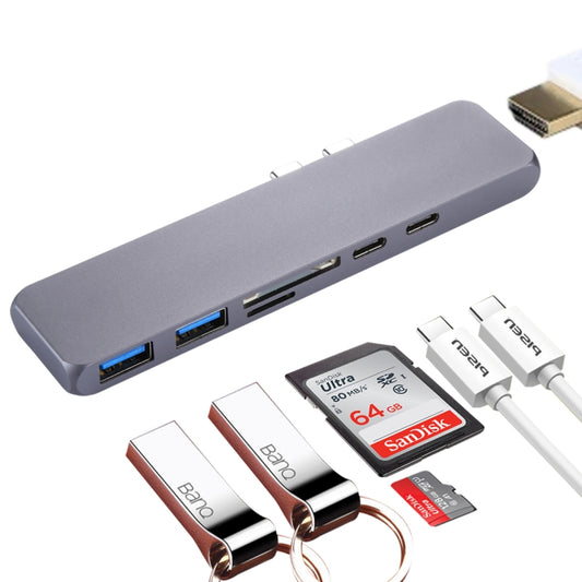 Multi-function Aluminium Alloy Dual USB-C / Type-C HUB Adapter with HDMI Female & 2 x USB 3.0 Ports & 2 x USB-C / Type-C Ports & SD Card Slot & TF Card Slot - USB HUB by PMC Jewellery | Online Shopping South Africa | PMC Jewellery | Buy Now Pay Later Mobicred