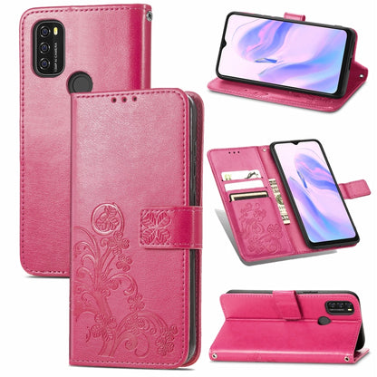 For Blackview A70 Four-leaf Clasp Embossed Buckle Mobile Phone Protection Leather Case with Lanyard & Card Slot & Wallet & Bracket Function(Magenta) - More Brand by PMC Jewellery | Online Shopping South Africa | PMC Jewellery | Buy Now Pay Later Mobicred