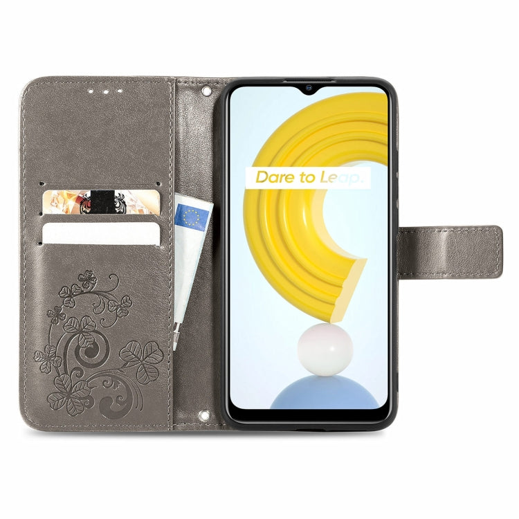 For OPPO Realme C21Y Four-leaf Clasp Embossed Leather Case with Lanyard & Card Slot & Wallet & Holder(Grey) - Realme Cases by PMC Jewellery | Online Shopping South Africa | PMC Jewellery | Buy Now Pay Later Mobicred