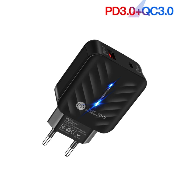 PD03 20W Type-C + QC3.0 USB Charger with Indicator Light, EU Plug(Black) - USB Charger by PMC Jewellery | Online Shopping South Africa | PMC Jewellery | Buy Now Pay Later Mobicred