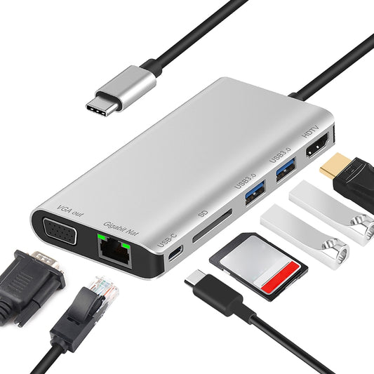 7 in 1 Type-C to RJ45+VGA+Type-C+SD Card Slot+USB3.0 x 2+HDMI Dock Hub Adapter - USB HUB by PMC Jewellery | Online Shopping South Africa | PMC Jewellery | Buy Now Pay Later Mobicred