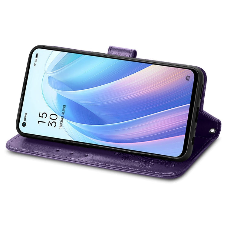 For OPPO Reno7 5G Four-leaf Clasp Embossed Buckle Leather Phone Case(Purple) - OPPO Cases by PMC TechLife | Online Shopping South Africa | PMC TechLife | Buy Now Pay Later Mobicred