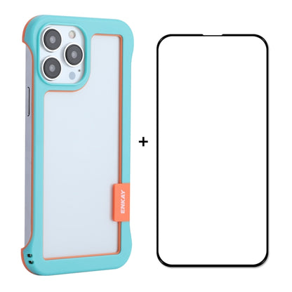 For iPhone 13 Pro ENKAY Frameless Hollow PC Case + Glass Film (Blue) - iPhone 13 Pro Cases by ENKAY | Online Shopping South Africa | PMC Jewellery | Buy Now Pay Later Mobicred