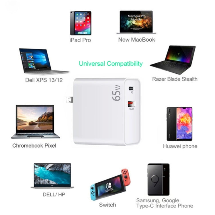PD-65W USB-C / Type-C + QC3. 0 USB Laptop Charging Adapter, UK Plug / US Plug(Black) - Cable & Adapter by PMC TechLife | Online Shopping South Africa | PMC TechLife