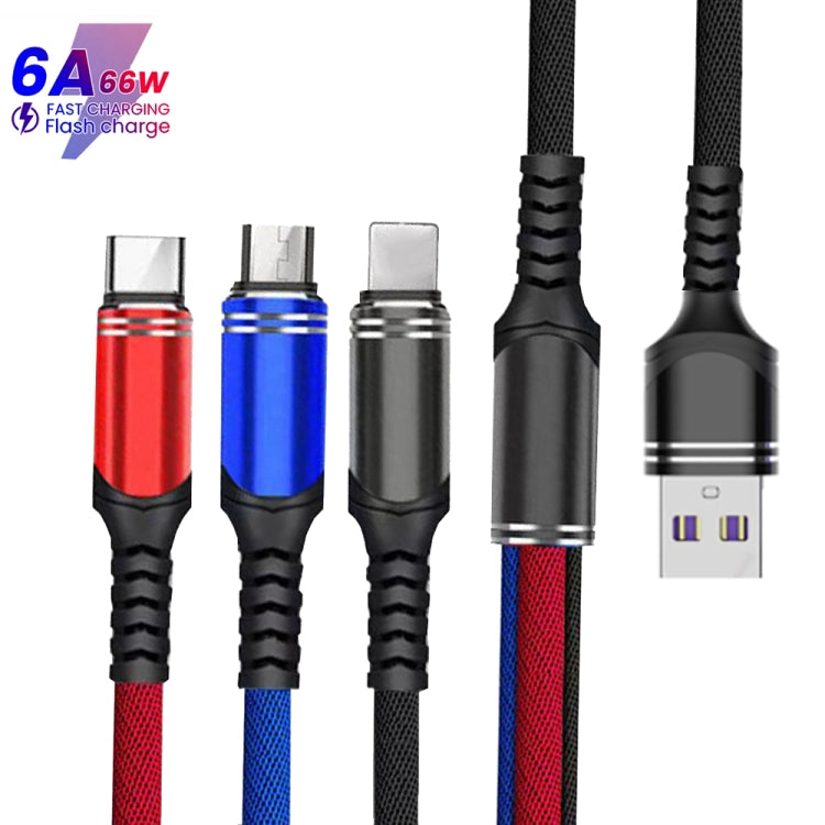 XJ-78 66W 6A 3 in 1 USB to 8 Pin + Type-C + Micro USB Super Flash Charging Cable, Length: 1.2m(Black) - Multifunction Cable by PMC Jewellery | Online Shopping South Africa | PMC Jewellery | Buy Now Pay Later Mobicred