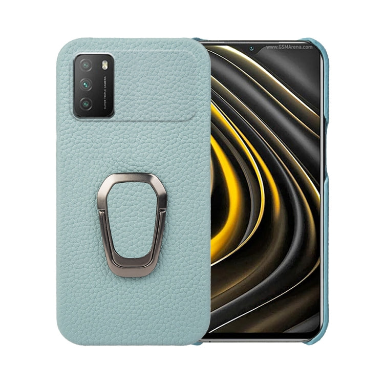 For Xiaomi Poco M3 Ring Holder Litchi Texture Genuine Leather Phone Case(Cyan) - Xiaomi Cases by PMC TechLife | Online Shopping South Africa | PMC TechLife | Buy Now Pay Later Mobicred