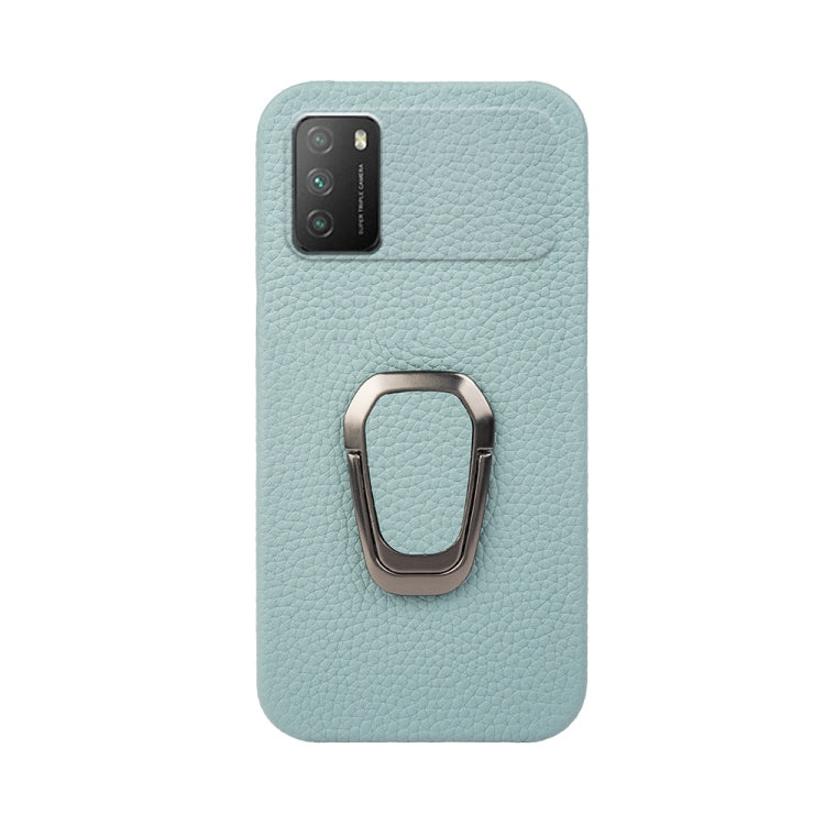 For Xiaomi Poco M3 Ring Holder Litchi Texture Genuine Leather Phone Case(Cyan) - Xiaomi Cases by PMC TechLife | Online Shopping South Africa | PMC TechLife | Buy Now Pay Later Mobicred