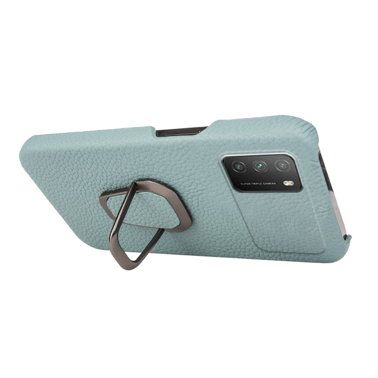 For Xiaomi Poco M3 Ring Holder Litchi Texture Genuine Leather Phone Case(Cyan) - Xiaomi Cases by PMC TechLife | Online Shopping South Africa | PMC TechLife | Buy Now Pay Later Mobicred