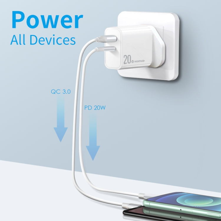 NORTHJO NOPD2002 PD20W USB-C/Type-C + QC 3.0 USB Dual Ports Fast Charger, UK Plug(White) - USB Charger by NORTHJO | Online Shopping South Africa | PMC Jewellery | Buy Now Pay Later Mobicred