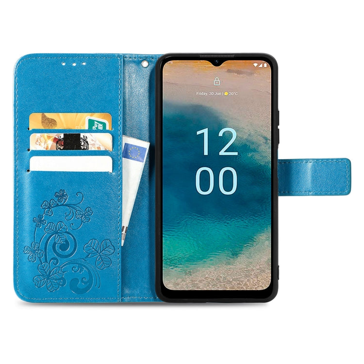 For Nokia G22  Four-leaf Clasp Embossed Buckle Leather Phone Case(Blue) - free shipping - PMC TechLife - Order now!