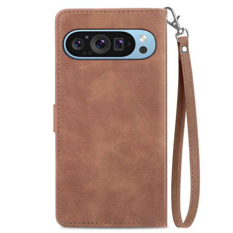 For Google Pixel 9 Pro Embossed Flower Zipper Leather Phone Case(Brown) - Google Cases by PMC Jewellery | Online Shopping South Africa | PMC Jewellery | Buy Now Pay Later Mobicred