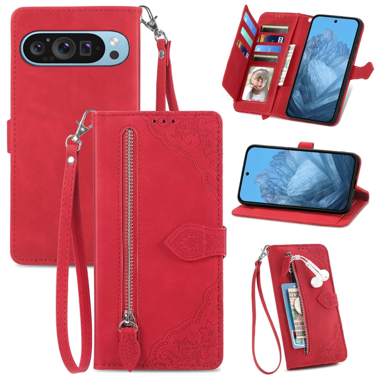 For Google Pixel 9 Pro Embossed Flower Zipper Leather Phone Case(Red) - Google Cases by PMC Jewellery | Online Shopping South Africa | PMC Jewellery | Buy Now Pay Later Mobicred