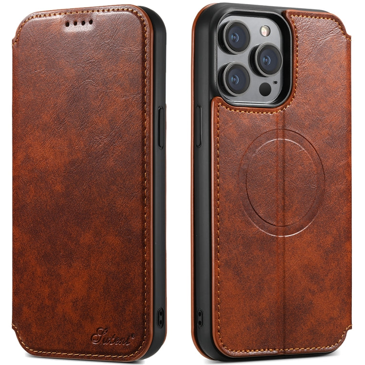 For iPhone 14 Pro Max Suteni J05 Leather Magnetic Magsafe Phone Case(Khaki) - iPhone 14 Pro Max Cases by Suteni | Online Shopping South Africa | PMC TechLife | Buy Now Pay Later Mobicred