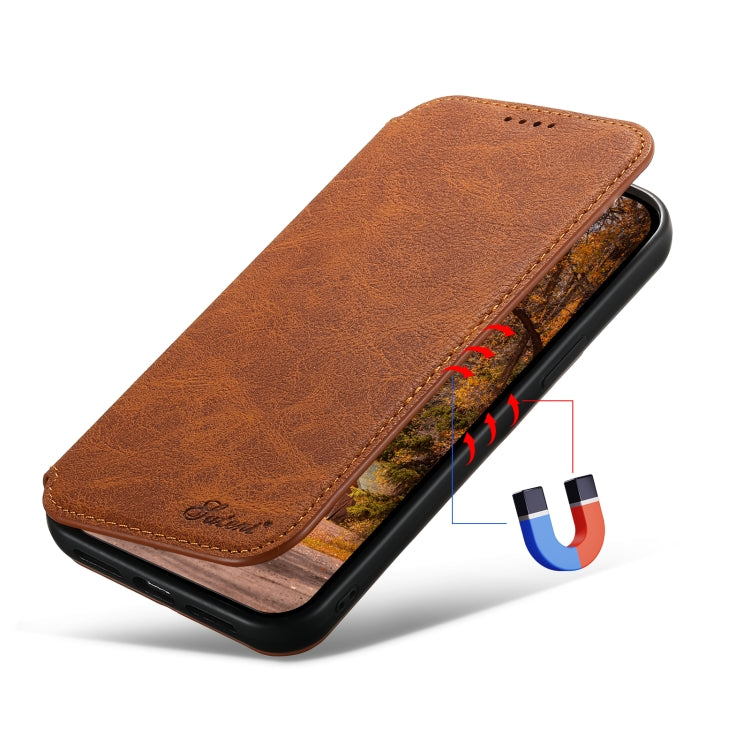 For iPhone 13 Pro Suteni J06 Retro Matte Litchi Texture Leather Magnetic Magsafe Phone Case(Khaki) - iPhone 13 Pro Cases by Suteni | Online Shopping South Africa | PMC Jewellery | Buy Now Pay Later Mobicred