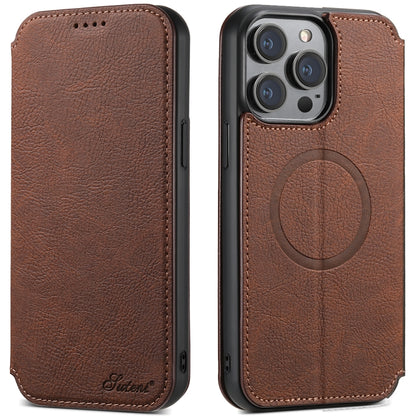 For iPhone 14 Plus Suteni J06 Retro Matte Litchi Texture Leather Magnetic Magsafe Phone Case(Brown) - iPhone 14 Plus Cases by Suteni | Online Shopping South Africa | PMC Jewellery | Buy Now Pay Later Mobicred