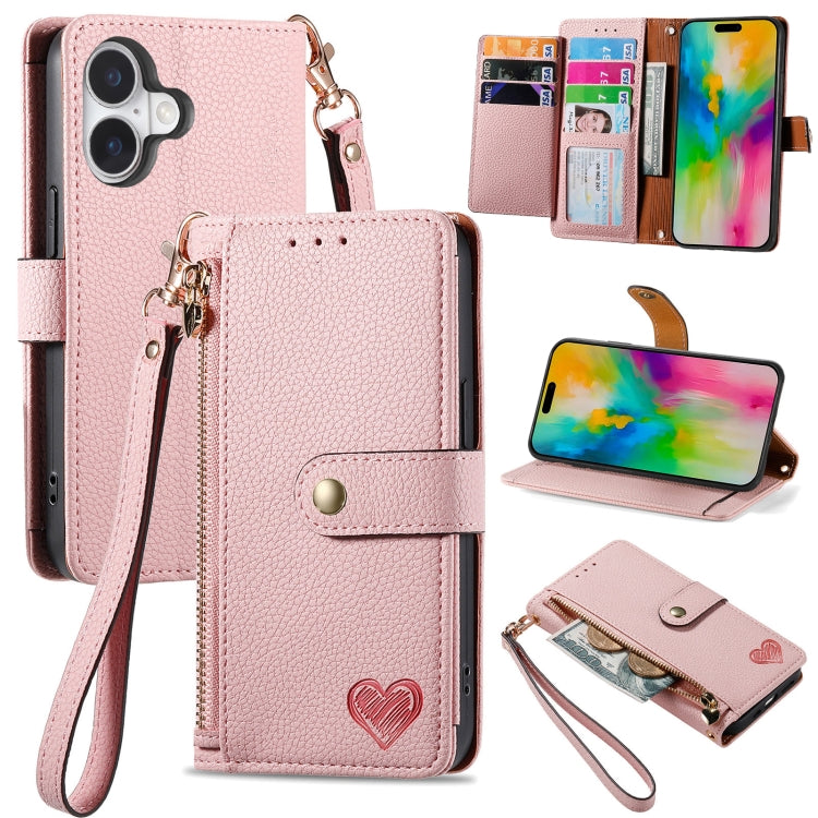 For iPhone 16 Love Zipper Lanyard Leather Phone Case(Pink) - iPhone 16 Cases by PMC Jewellery | Online Shopping South Africa | PMC Jewellery | Buy Now Pay Later Mobicred