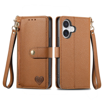 For iPhone 16 Love Zipper Lanyard Leather Phone Case(Brown) - iPhone 16 Cases by PMC Jewellery | Online Shopping South Africa | PMC Jewellery | Buy Now Pay Later Mobicred