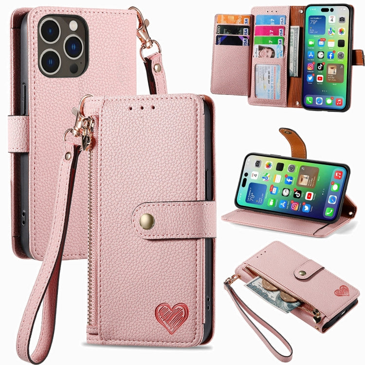 For iPhone 16 Pro Love Zipper Lanyard Leather Phone Case(Pink) - iPhone 16 Pro Cases by PMC Jewellery | Online Shopping South Africa | PMC Jewellery | Buy Now Pay Later Mobicred