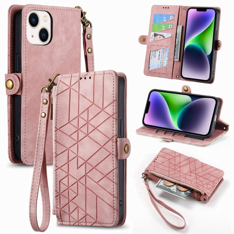 For iPhone 14 Plus Geometric Zipper Wallet Side Buckle Leather Phone Case(Pink) - free shipping - PMC TechLife - Order now!