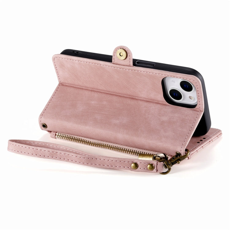 For iPhone 14 Plus Geometric Zipper Wallet Side Buckle Leather Phone Case(Pink) - free shipping - PMC TechLife - Order now!