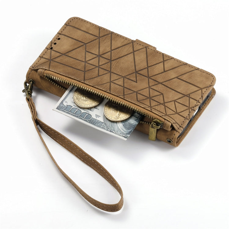 For iPhone 13 Pro Geometric Zipper Wallet Side Buckle Leather Phone Case(Brown) - free shipping - PMC TechLife - Order now!