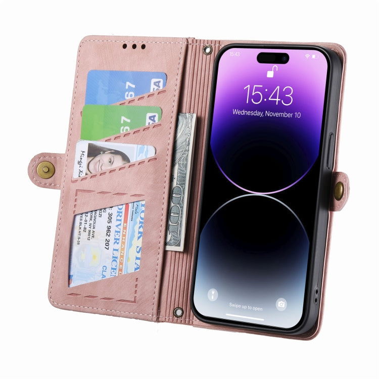For iPhone 13 Pro Geometric Zipper Wallet Side Buckle Leather Phone Case(Pink) - free shipping - PMC TechLife - Order now!