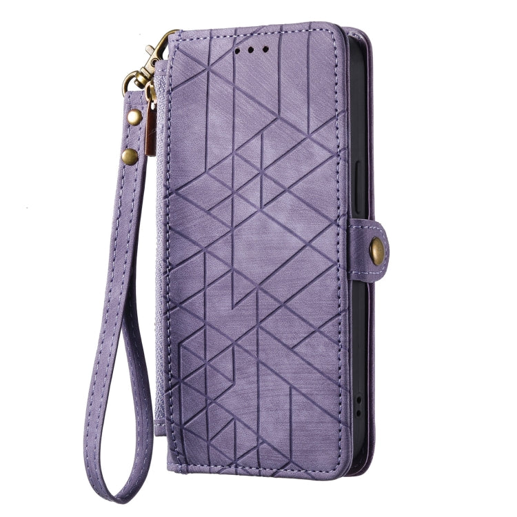 For iPhone 15 Plus Geometric Zipper Wallet Side Buckle Leather Phone Case(Purple) - free shipping - PMC TechLife - Order now!