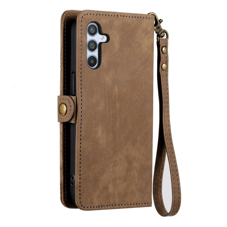 For Samsung Galaxy A12 Geometric Zipper Wallet Side Buckle Leather Phone Case(Brown) - free shipping - PMC TechLife - Order now!