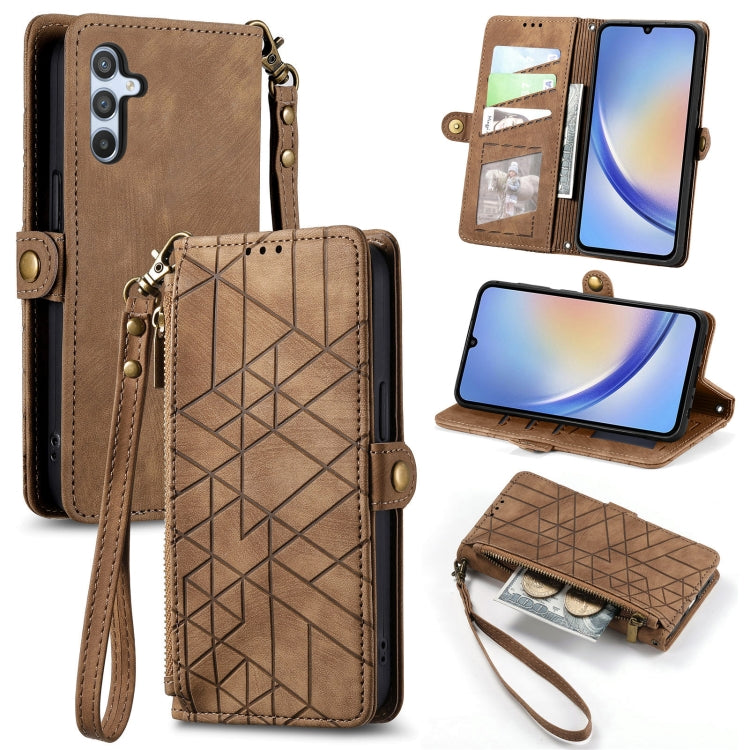 For Samsung Galaxy A42 5G Geometric Zipper Wallet Side Buckle Leather Phone Case(Brown) - free shipping - PMC TechLife - Order now!