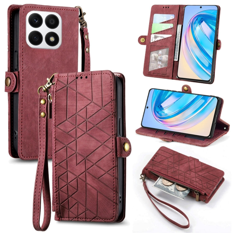 For Honor X8A Geometric Zipper Wallet Side Buckle Leather Phone Case(Red) - free shipping - PMC TechLife - Order now!