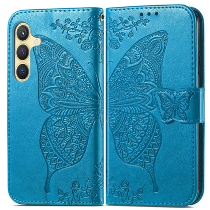 For Samsung Galaxy S25 5G Butterfly Love Flower Embossed Leather Phone Case(Blue) - Galaxy S25 5G Cases by PMC Jewellery | Online Shopping South Africa | PMC Jewellery | Buy Now Pay Later Mobicred