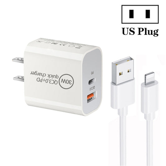 PD30W USB-C / Type-C + QC3.0 USB Dual Port Charger with 1m USB to 8 Pin Data Cable, US Plug - USB Charger by PMC Jewellery | Online Shopping South Africa | PMC Jewellery | Buy Now Pay Later Mobicred