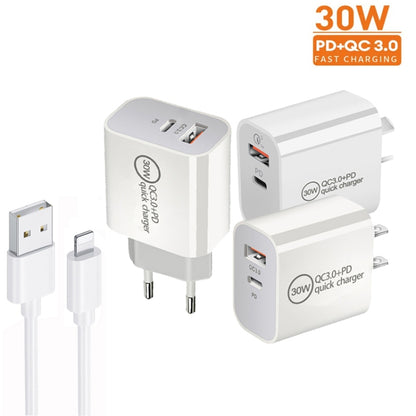 PD30W USB-C / Type-C + QC3.0 USB Dual Port Charger with 1m USB to 8 Pin Data Cable, US Plug - USB Charger by PMC Jewellery | Online Shopping South Africa | PMC Jewellery | Buy Now Pay Later Mobicred